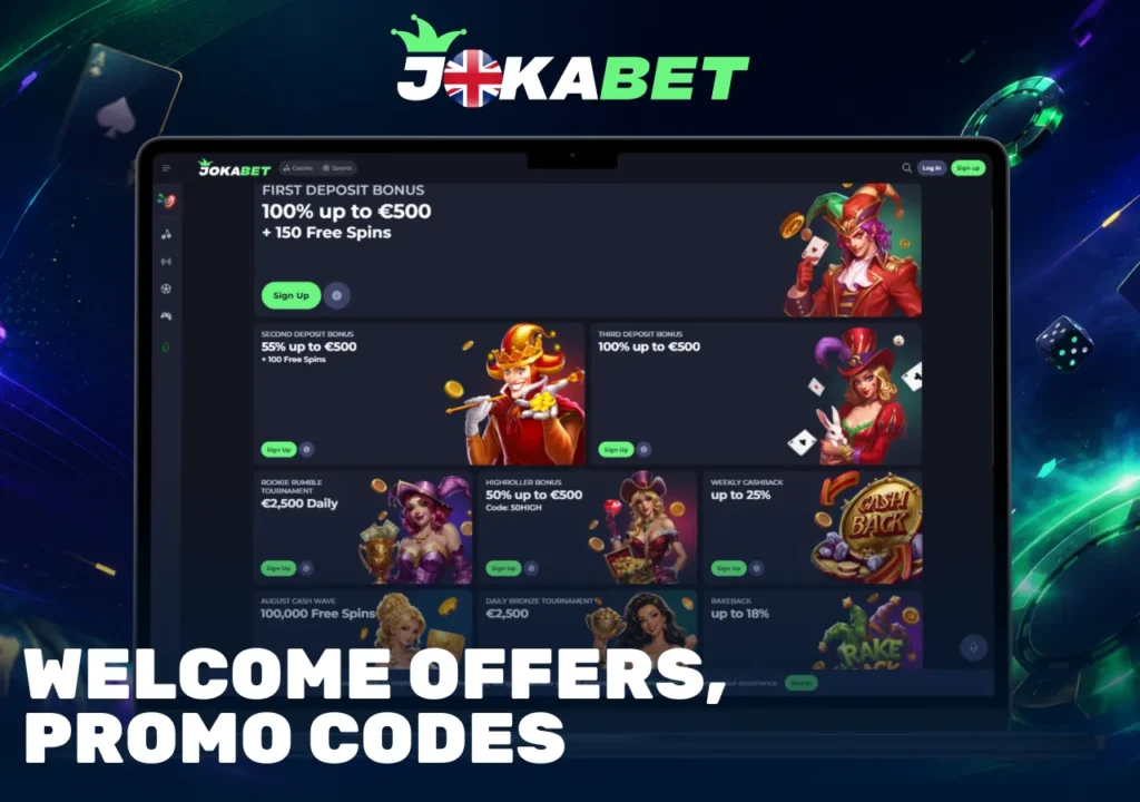 Jokabet UK welcome offers with deposit bonuses, free spins, cashback and casino promotions for new players.